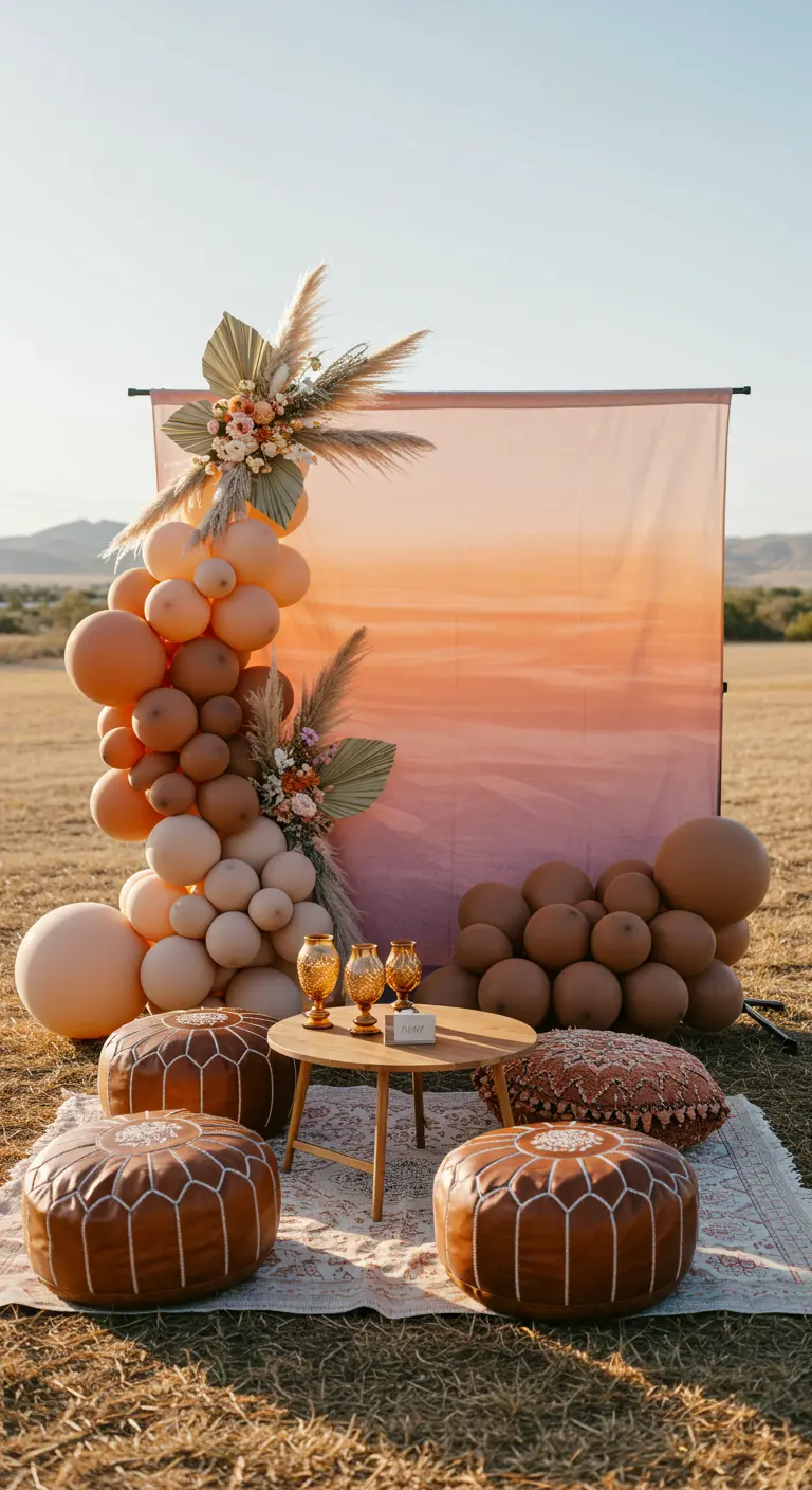 Photobooth bohème en extérieur avec un fond dégradé, des ballons couleur terre et des poufs marocains.