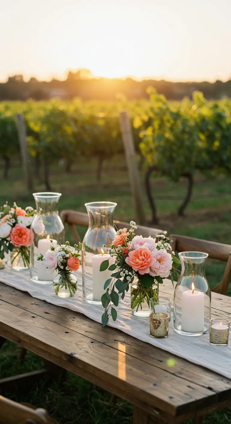 Table de mariage en bois dans un vignoble au coucher du soleil, bouquets de roses pêche, bougies et photophores dorés.