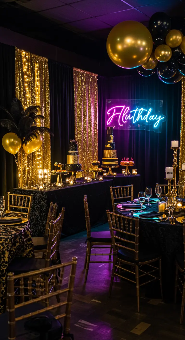 Serre décorée pour une fête avec des lampions colorés, un grand panneau lumineux en forme de soleil et des coussins au sol.