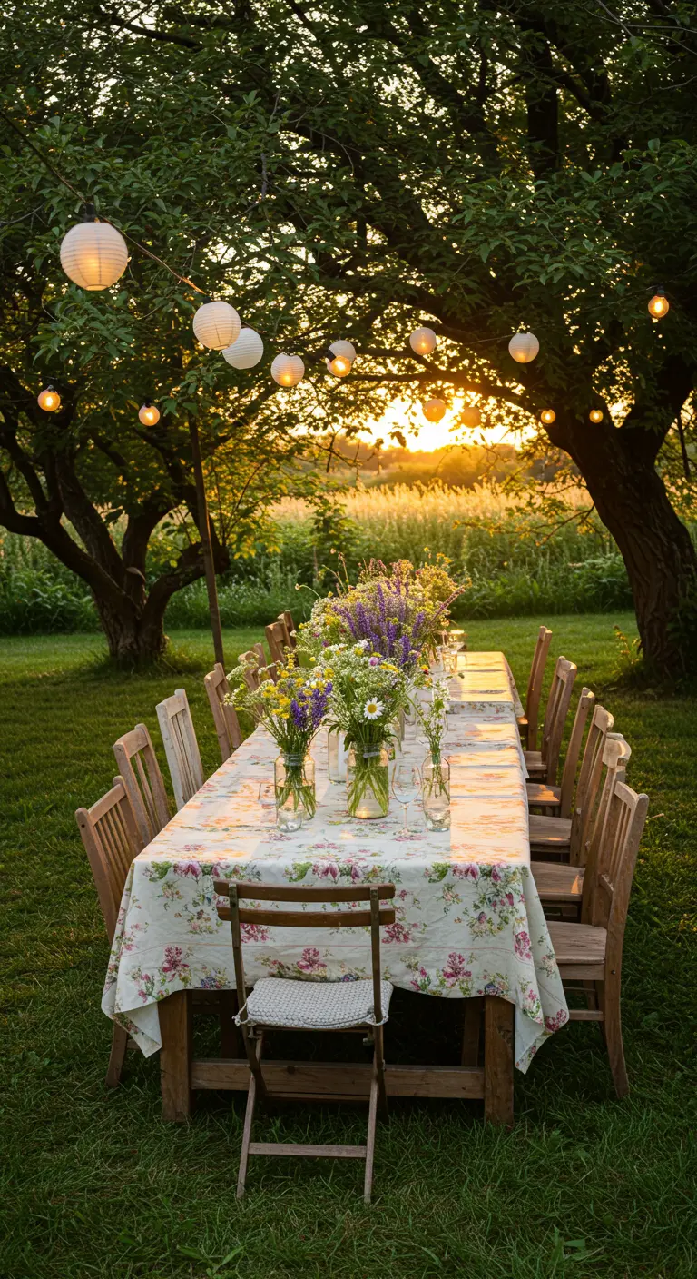 Table de fête rustique sous des arbres avec lampions au crépuscule.