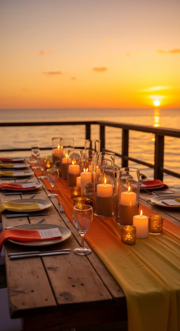 Longue table sur une terrasse face au coucher de soleil, avec chemin de table orange et bougies.