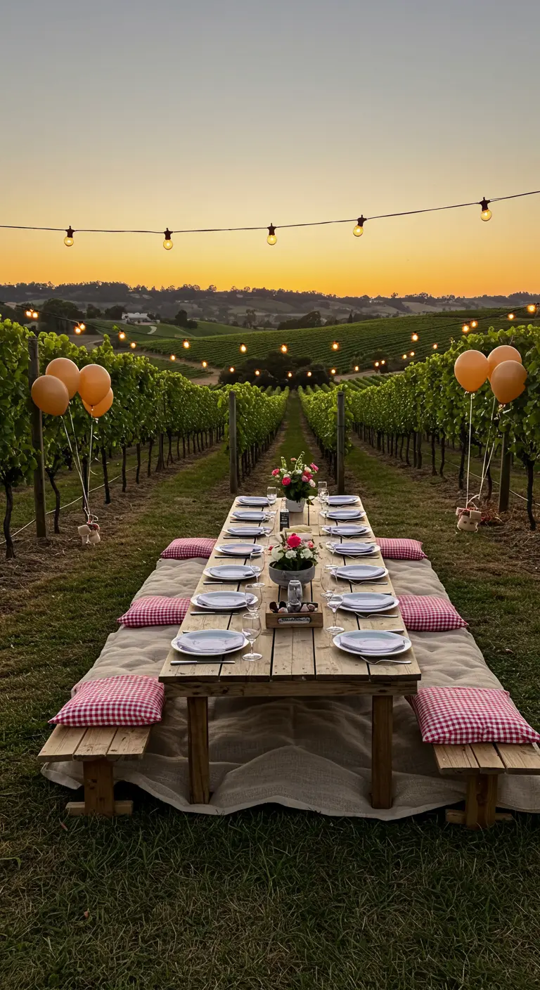 Dîner pique-nique dans les vignes au coucher du soleil, guirlandes et ballons.