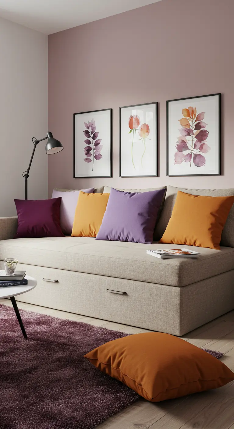 Banquette-lit avec des coussins orange, violets et mauves devant un mur rose.