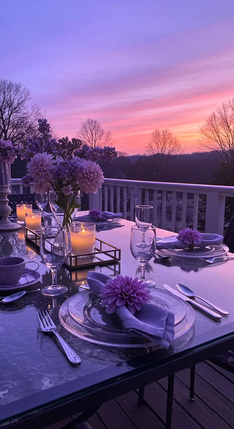 Table de brunch sur une terrasse au coucher du soleil, avec une décoration dans les tons mauves.