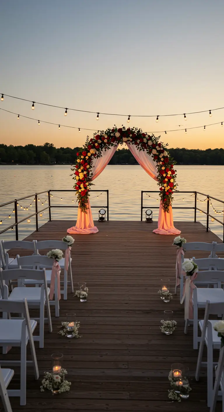 Arche florale ronde rouge et rose sur un ponton au bord d'un lac au coucher de soleil.