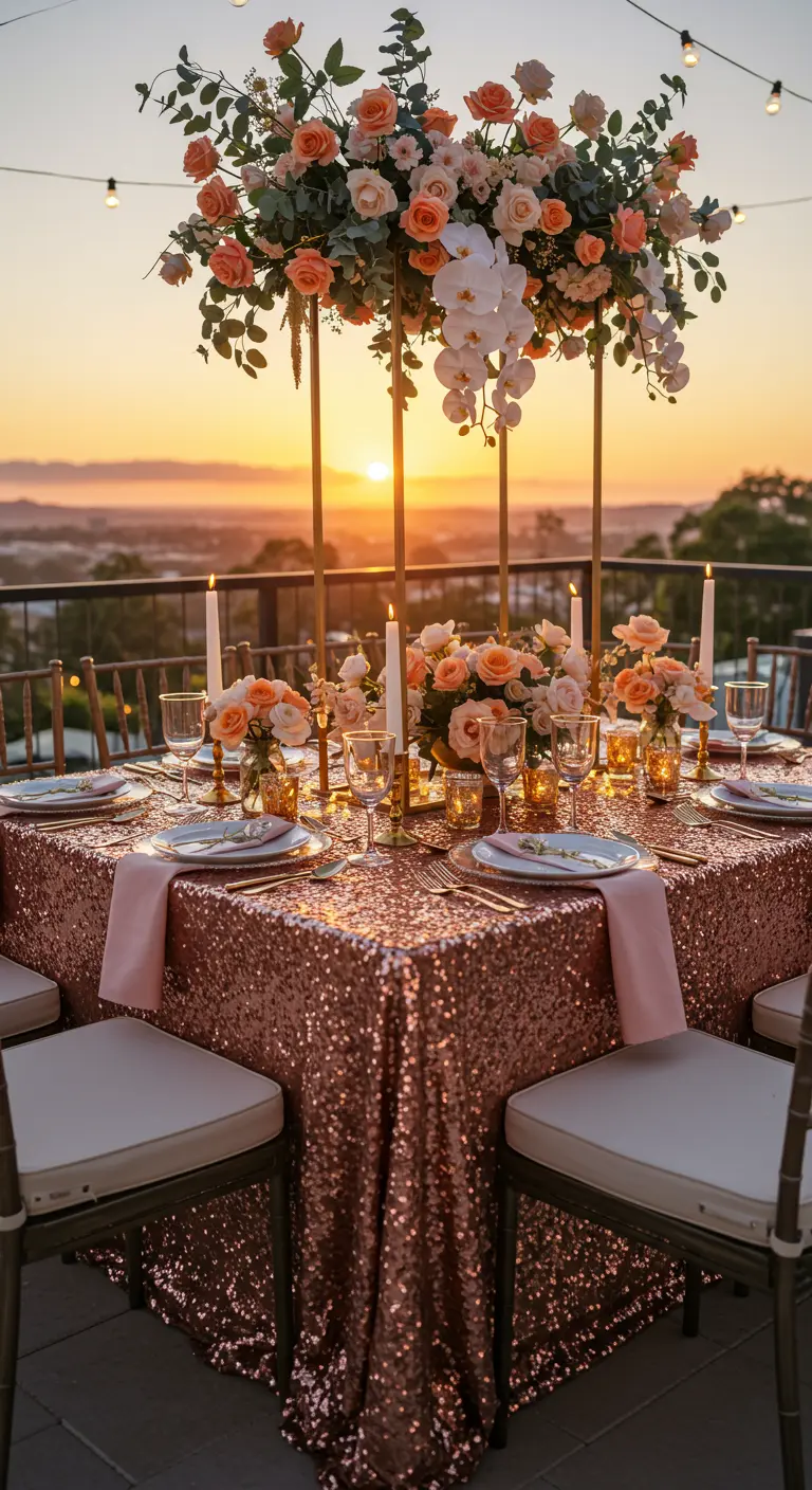 Table glamour avec nappe à paillettes rose gold, hauts centres floraux pêche et bougies sur un rooftop au coucher du soleil.