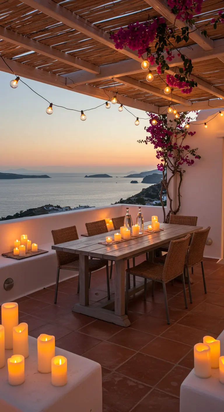Terrasse méditerranéenne avec vue sur la mer, guirlandes et bougies au crépuscule.