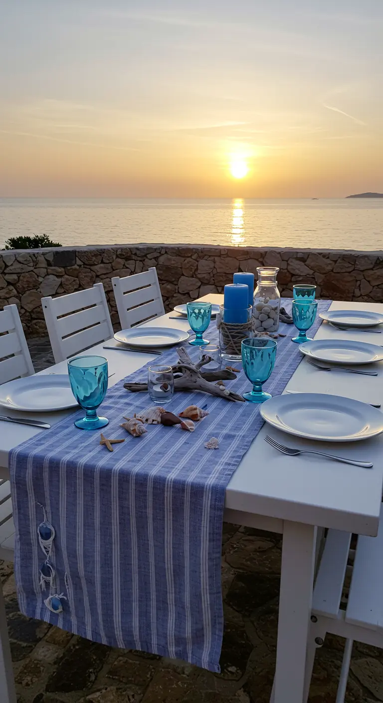 Table face à la mer au coucher du soleil, décorée en bleu et blanc avec des coquillages.