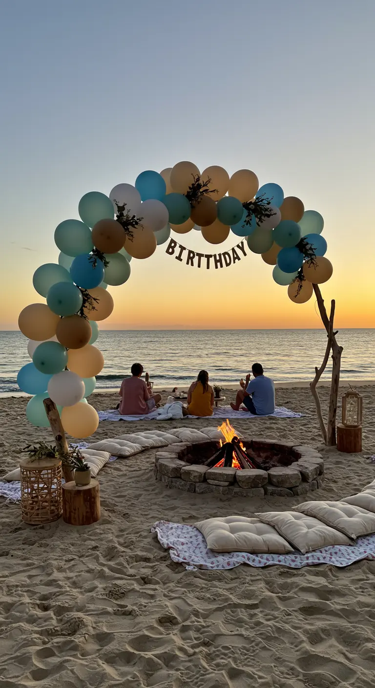Arche de ballons pastel sur la plage au coucher du soleil pour un anniversaire.
