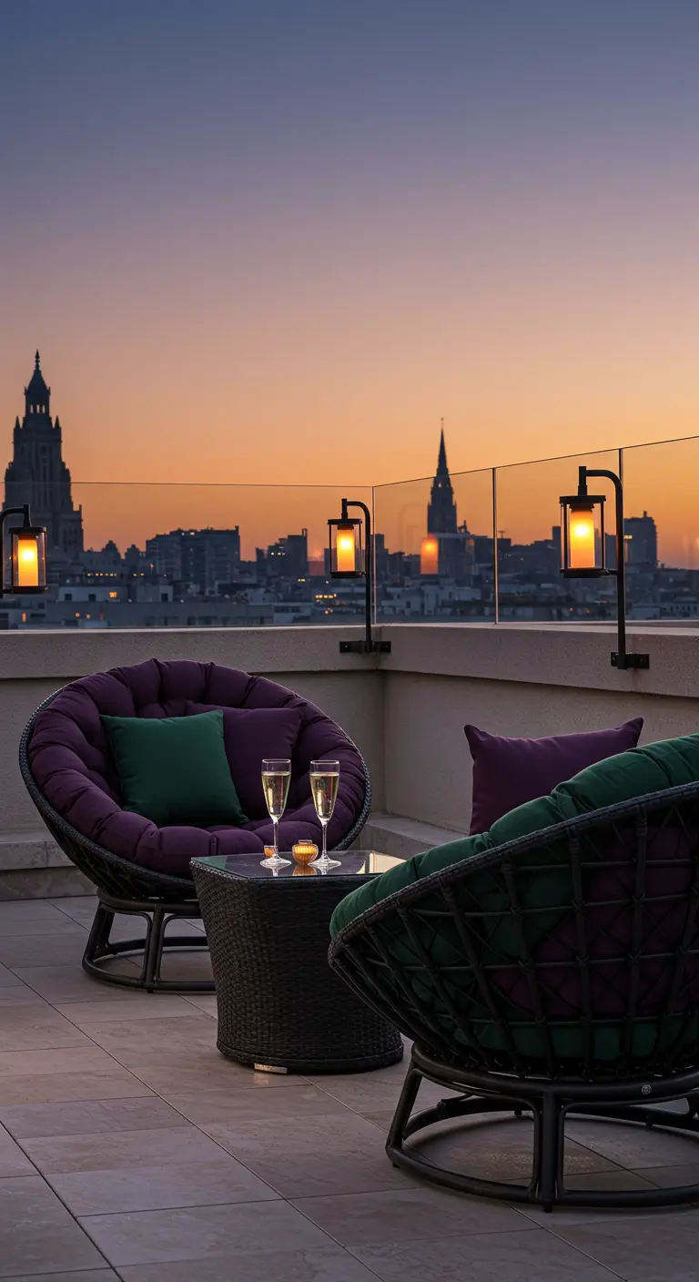 Fauteuils papasan violets sur un toit-terrasse moderne avec vue sur la ville au coucher du soleil.