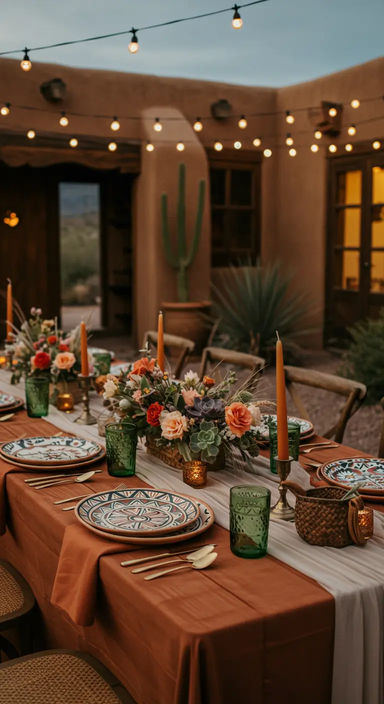 Table de mariage bohème aux tons terracotta avec des succulentes et des bougies.