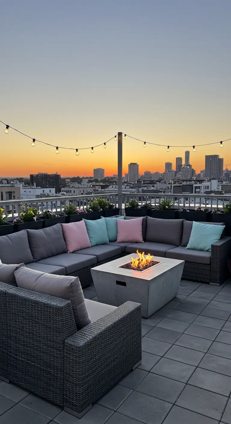 Salon de jardin en rotin gris sur un toit-terrasse avec des coussins roses et bleus au coucher du soleil.