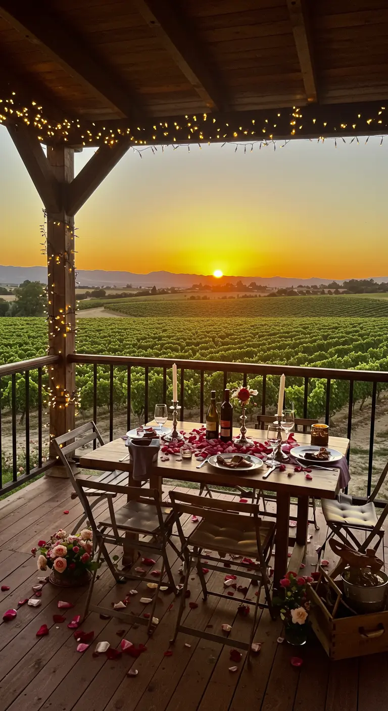 Table dressée sur un balcon surplombant des vignobles au coucher du soleil.