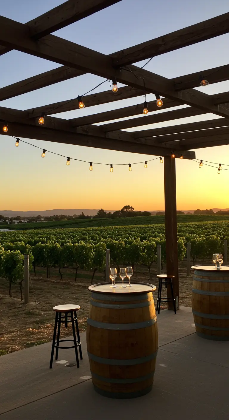 Terrasse de vignoble au coucher du soleil, avec des tonneaux et une pergola éclairée.