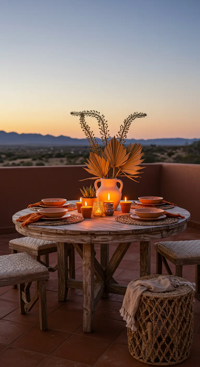 Table ronde en bois au crépuscule avec vaisselle en terre cuite et bougies.