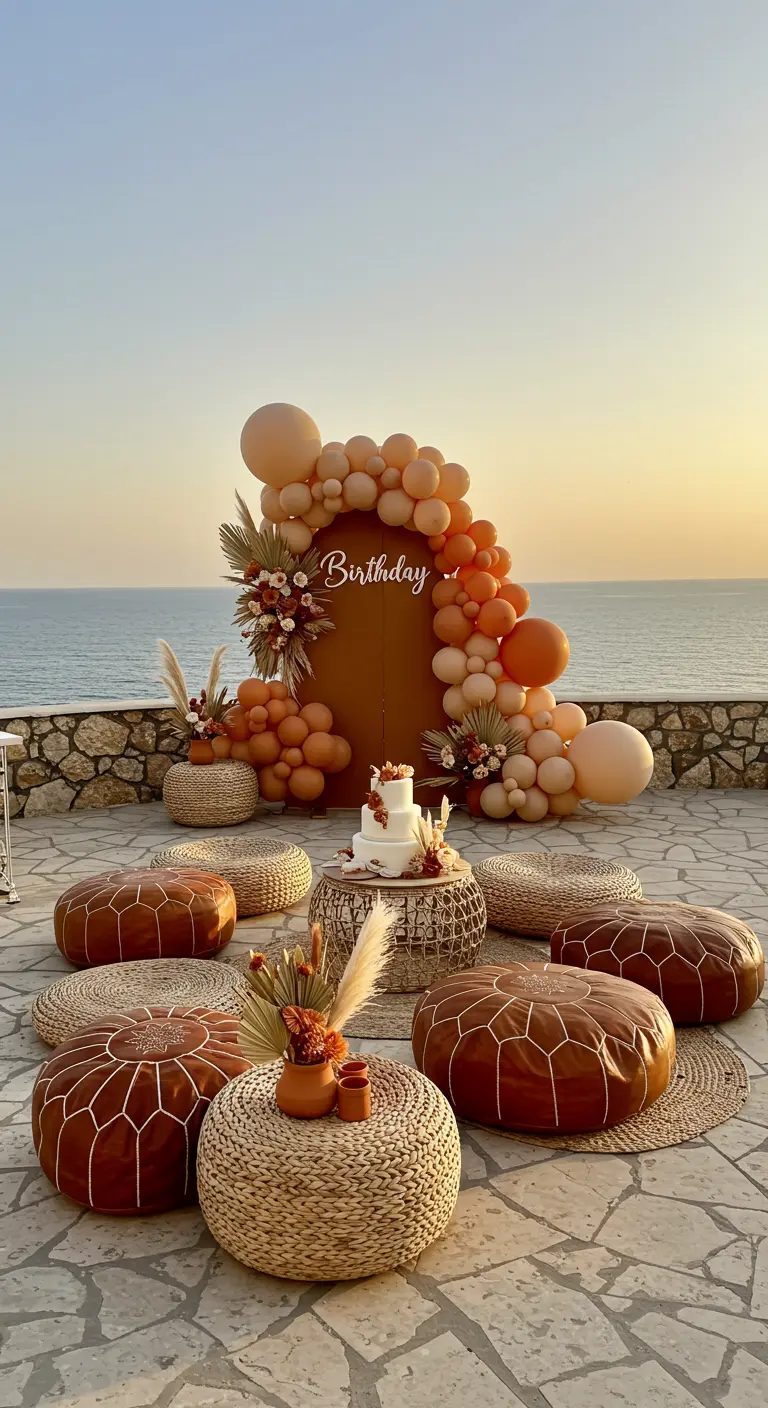 Décor de fête sur une terrasse avec ballons pêche et poufs marocains.