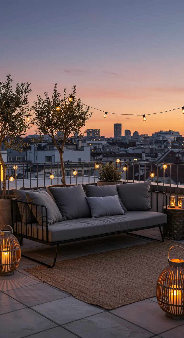 Toit-terrasse moderne avec un canapé gris, des oliviers en pot et des guirlandes