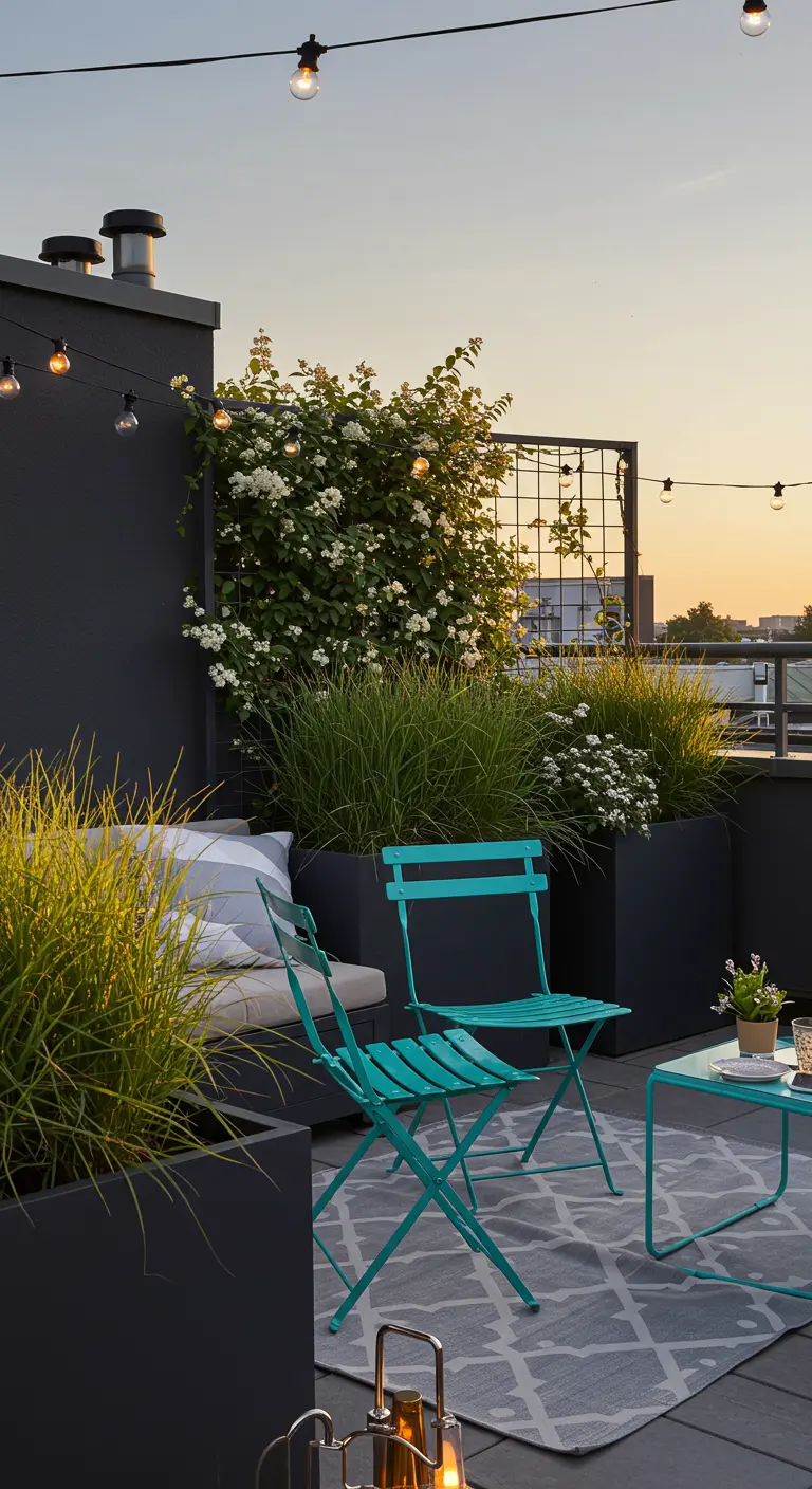 Terrasse de toit moderne avec des chaises turquoise, des bacs gris et une guirlande lumineuse.