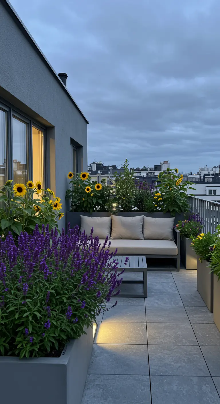 Terrasse moderne avec tournesols et lavande dans de grandes jardinières grises au crépuscule.