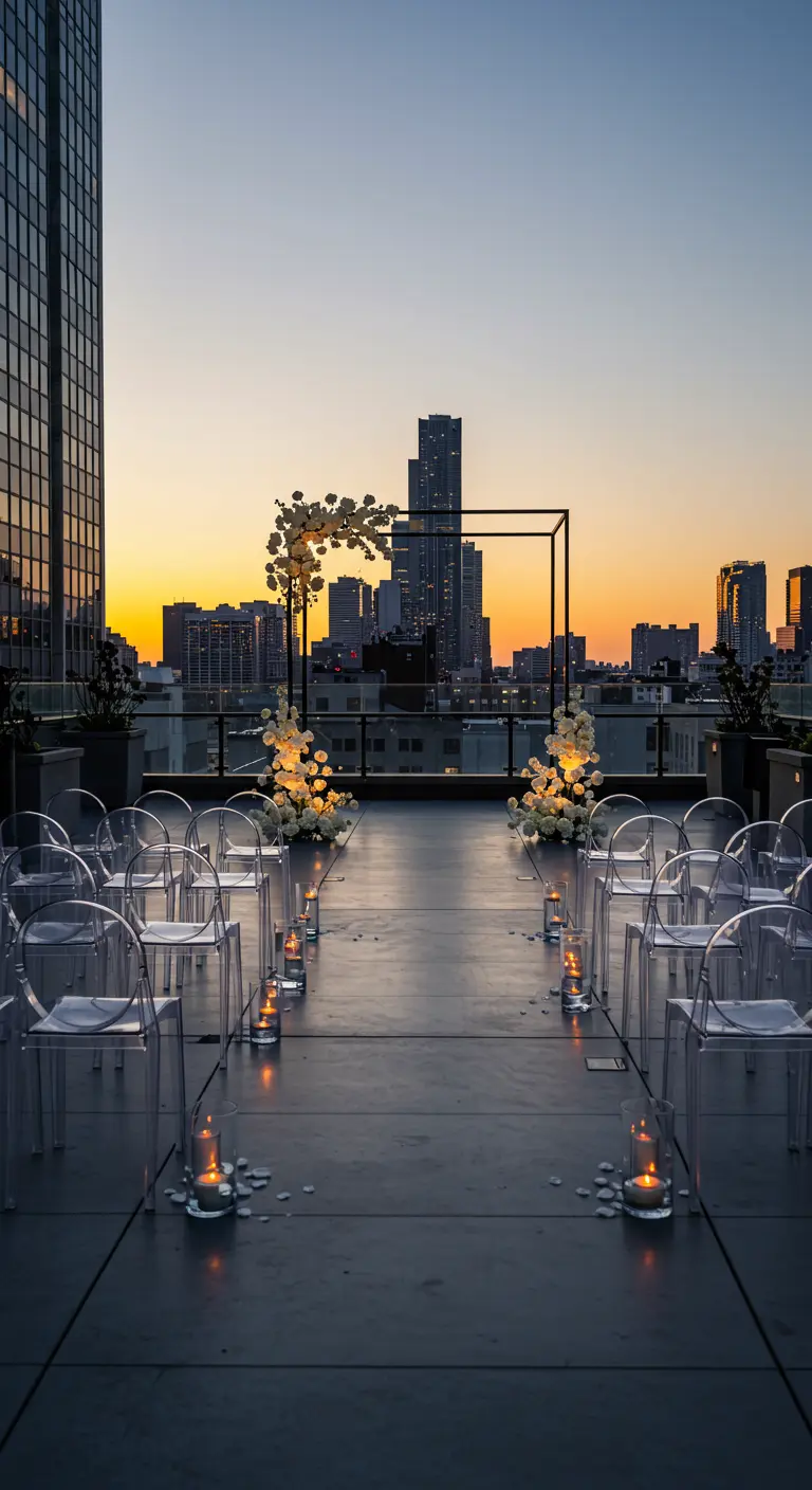 Arche de mariage noire sur un rooftop au coucher du soleil avec vue sur la ville.