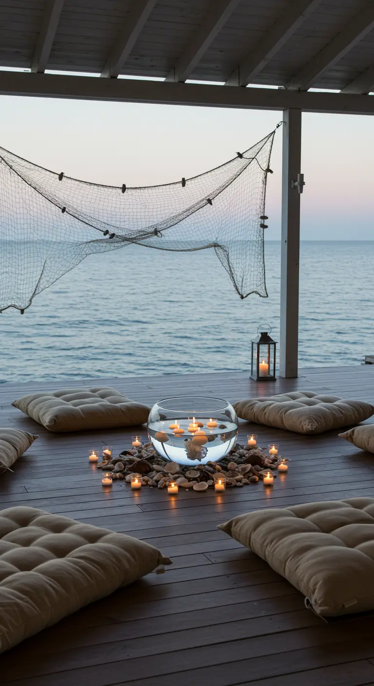 Coussins de sol autour d'un grand bol avec des bougies flottantes face à la mer.