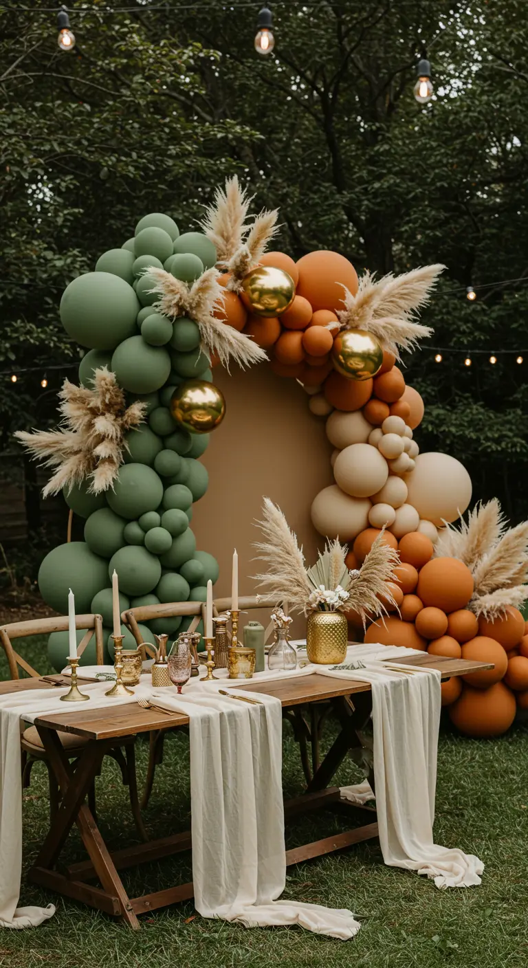 Arche de ballons verts, orange et beiges avec accents dorés pour une fête automnale.
