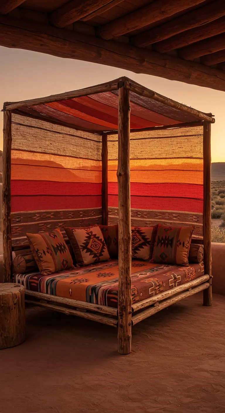 Lit de jour en bois avec des textiles aux motifs navajos