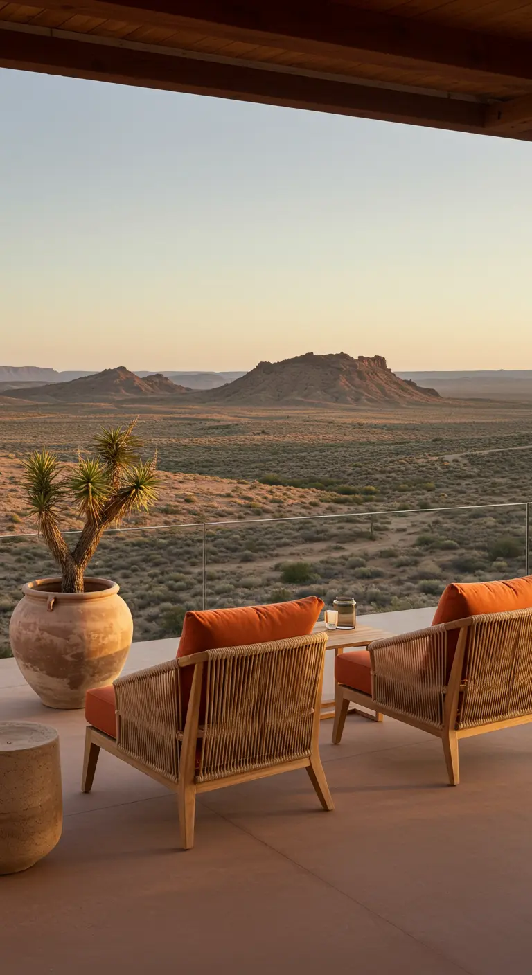 Deux fauteuils en bois clair et corde tressée orange avec des coussins assortis, un grand pot en terre cuite avec un yucca, face à un paysage désertique.