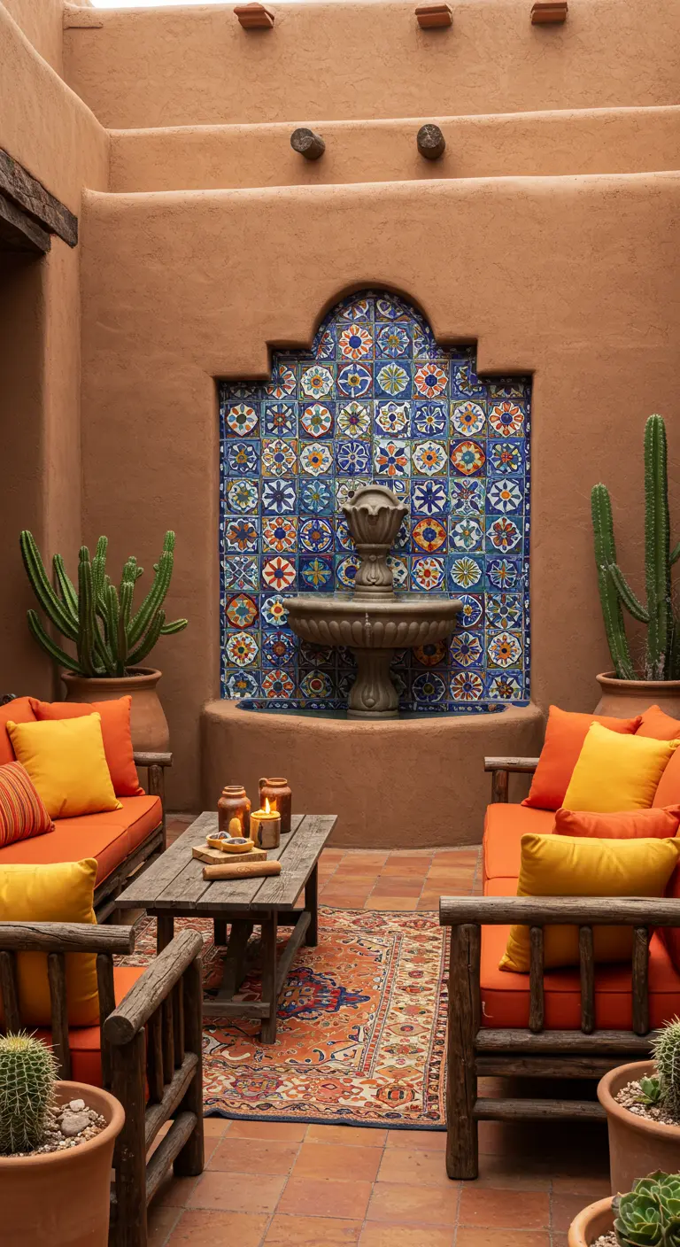 Patio de style sud-ouest avec fontaine en carreaux colorés, mobilier en bois et cactus.
