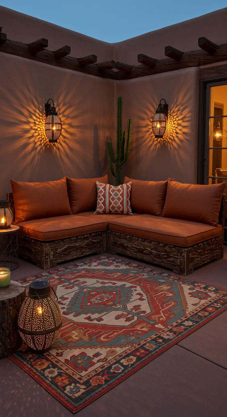 Canapé d'extérieur rustique avec des coussins terracotta et un tapis ethnique coloré.