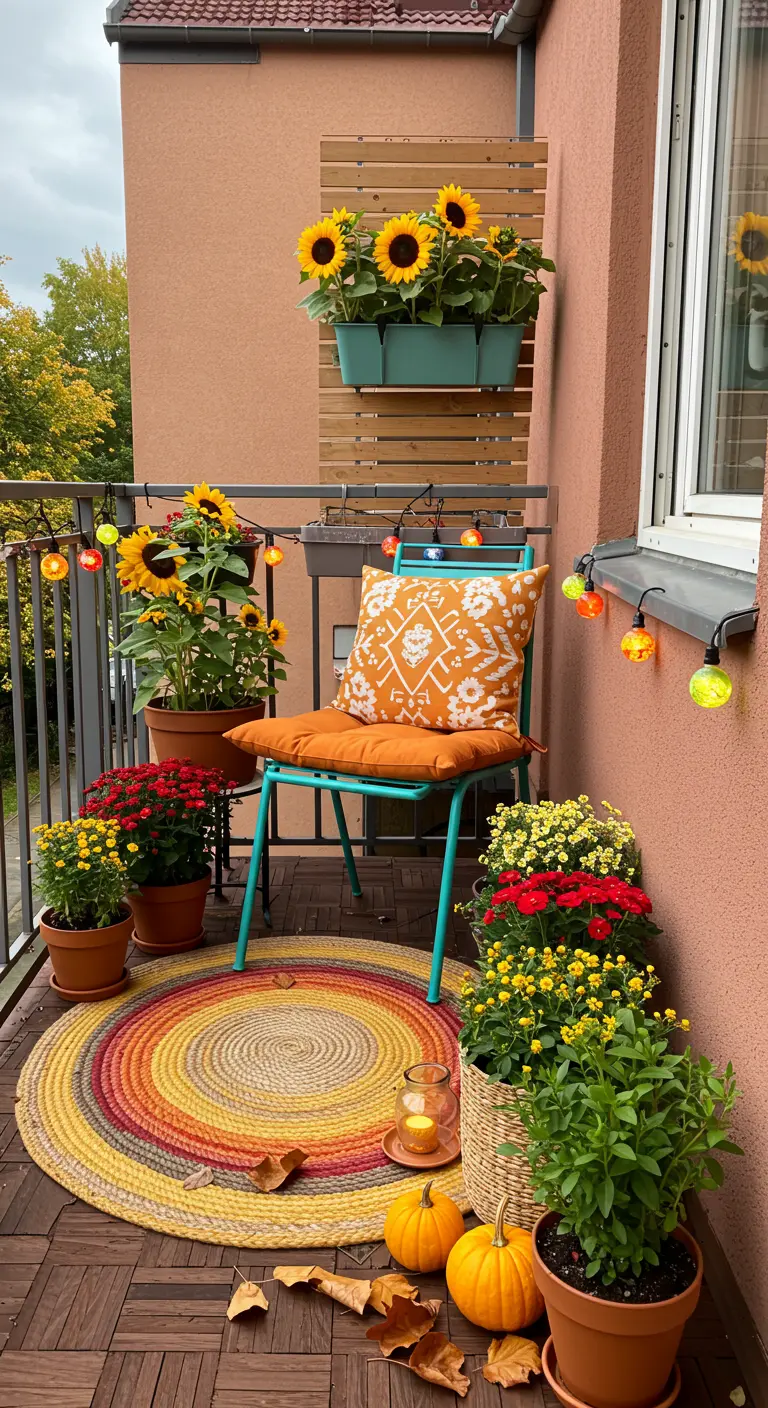 Balcon coloré avec tapis arc-en-ciel, tournesols, citrouilles et guirlande lumineuse multicolore.