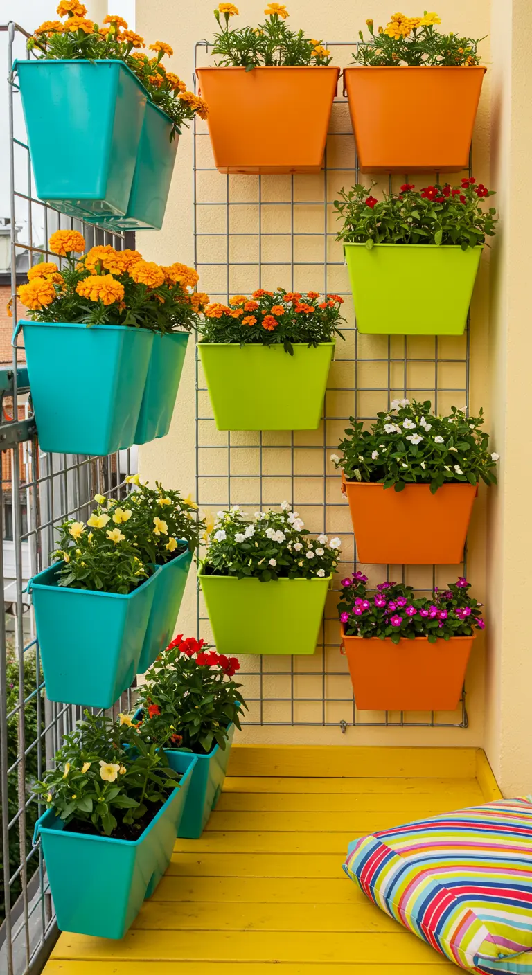 Jardinières murales colorées (turquoise, orange, vert anis) avec œillets d'Inde et pétunias.