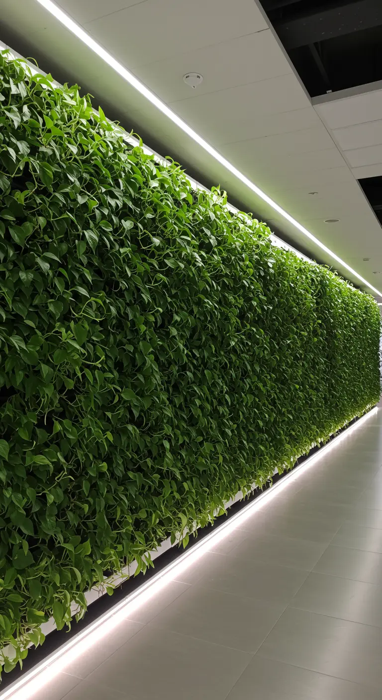 Long couloir avec un mur végétal continu de plantes vertes, éclairé par des bandes LED.