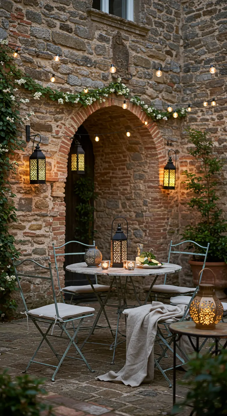 Cour en pierre avec arche, guirlandes lumineuses et lanternes murales.