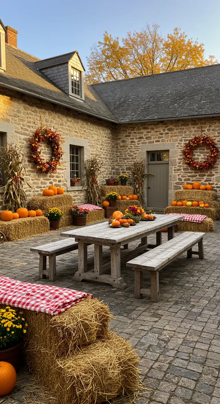 Cour pavée décorée de bottes de paille, citrouilles, chrysanthèmes, nappes à carreaux et couronnes automnales.