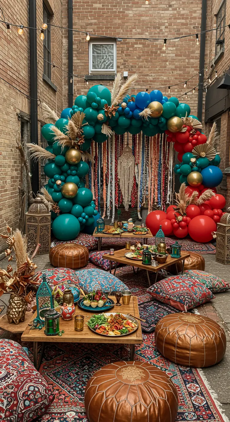 Arche de ballons colorés et vives dans une cour intérieure avec tapis ethniques et lanternes.