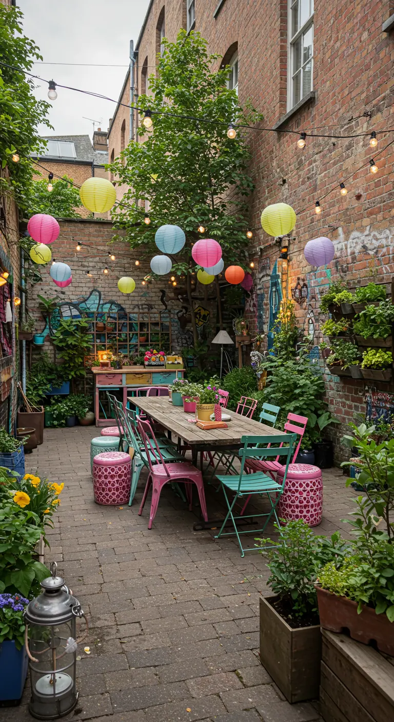 Cour intérieure en briques avec des lampions colorés, guirlandes, mobilier éclectique et plantes suspendues.