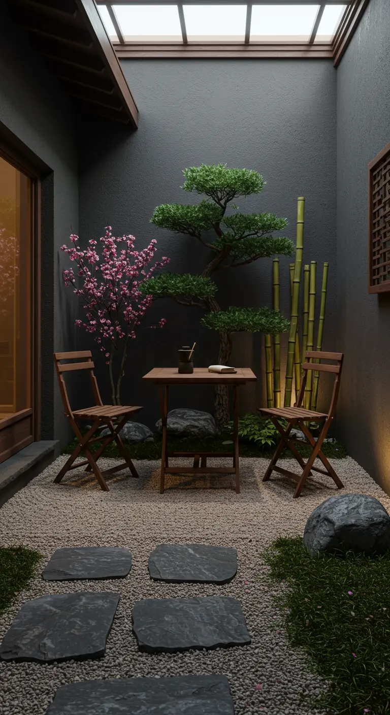 Bistro set en bois dans une cour intérieure japonaise, avec gravier, dalles en pierre, bonsaï et bambous.