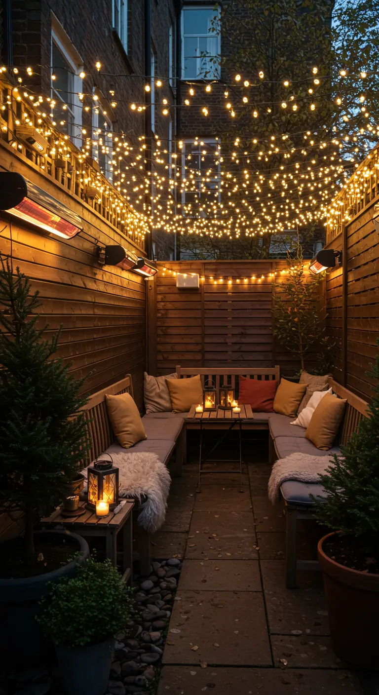 Petit patio avec banquettes, guirlandes lumineuses et chauffages muraux.