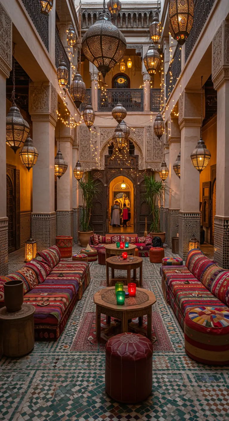 Cour marocaine avec de nombreuses lanternes ciselées, guirlandes, banquettes, coussins et bougies colorées.