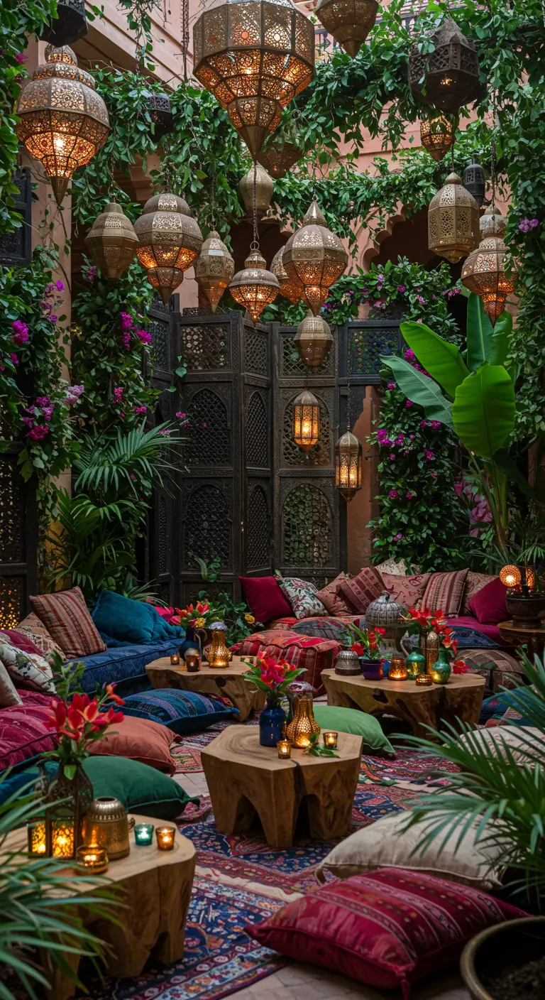 Cour intérieure luxuriante avec des lanternes marocaines suspendues, des coussins colorés, des tables basses en bois brut et des plantes tropicales.