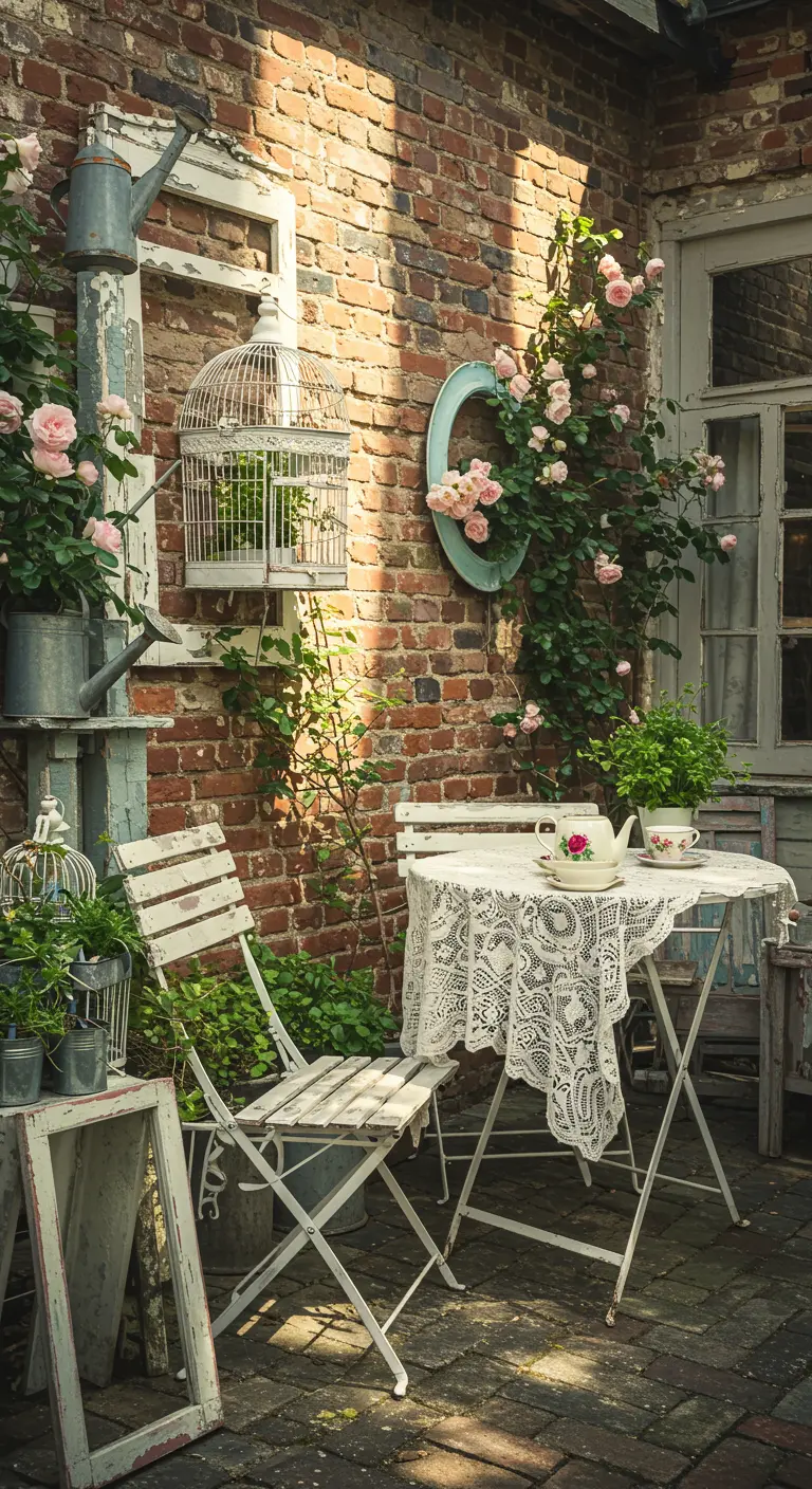 Bistro set vintage en bois et fer forgé dans une cour rustique, avec rosiers grimpants et cage à oiseaux décorative.