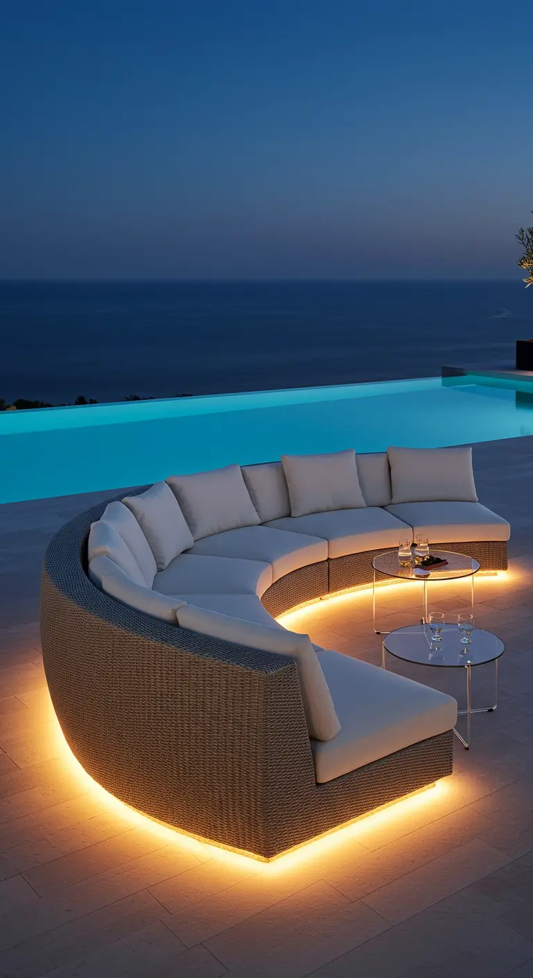 Canapé d'angle incurvé en rotin avec LED chaudes, coussins blancs, piscine et vue mer.