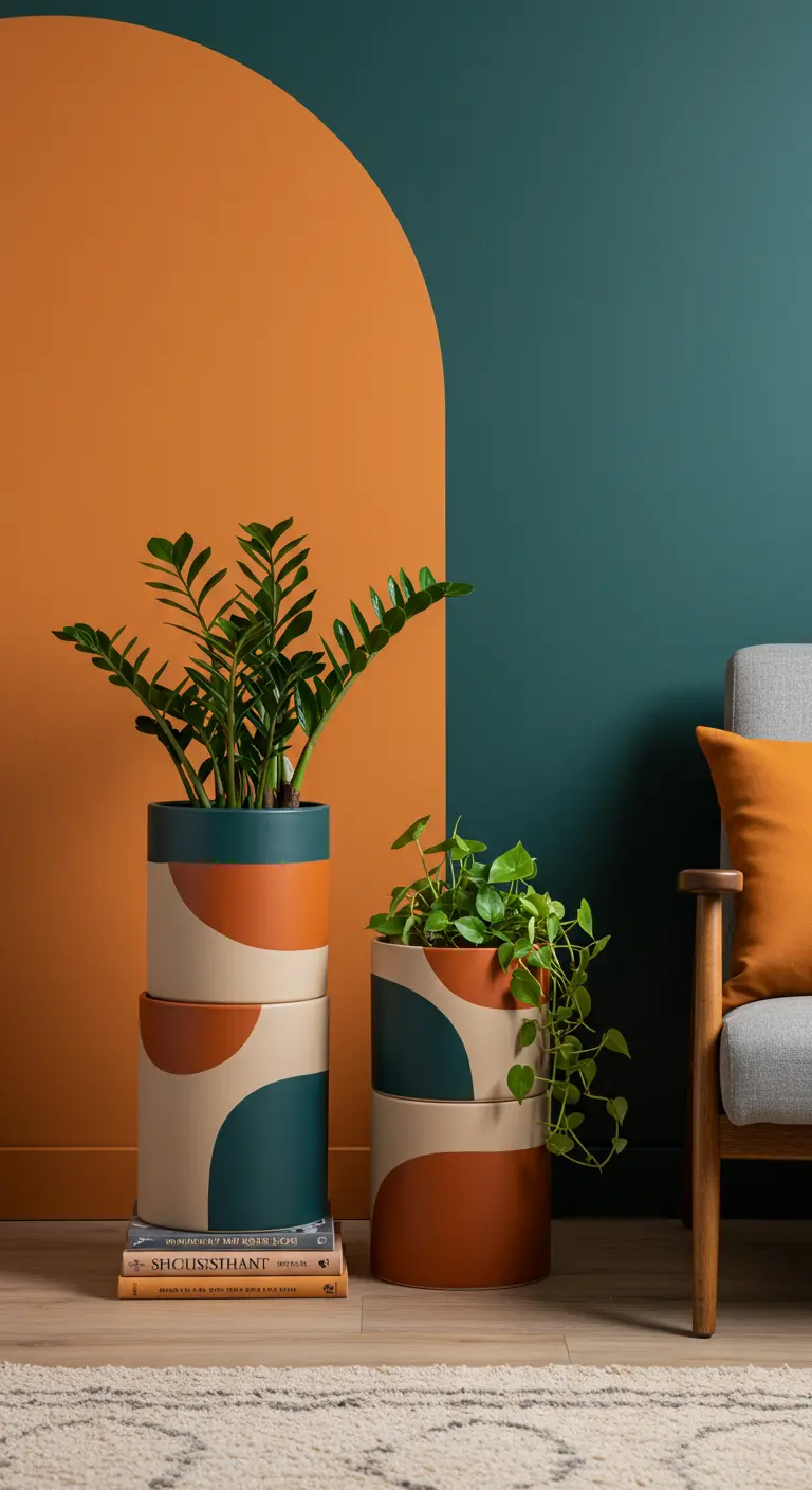 Pots cylindriques hauts avec des motifs abstraits et courbes.