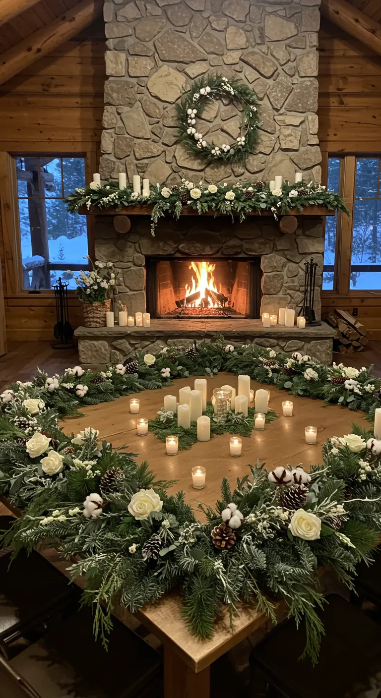 Grande couronne de sapin et de fleurs blanches avec des bougies au centre d'une table.