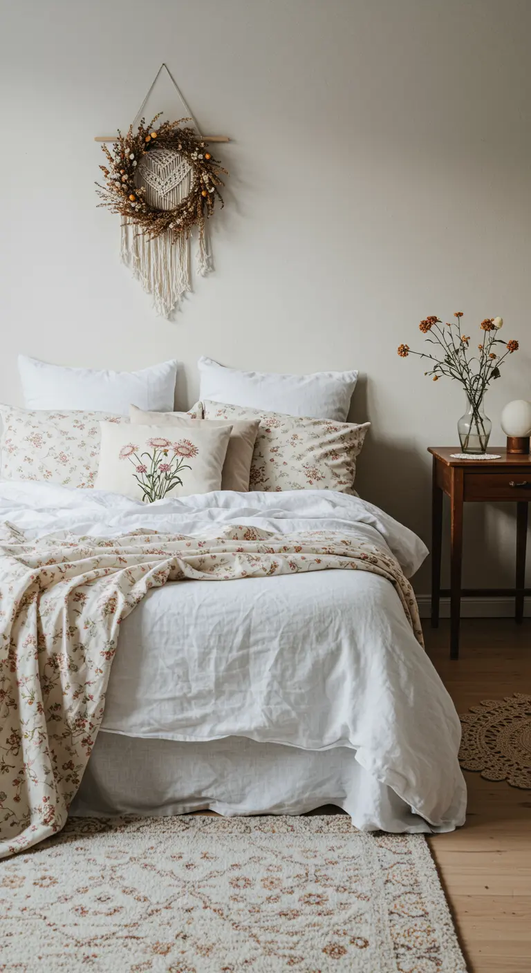 Chambre minimaliste avec literie blanche, plaid fleuri et couronne murale en macramé avec fleurs séchées.