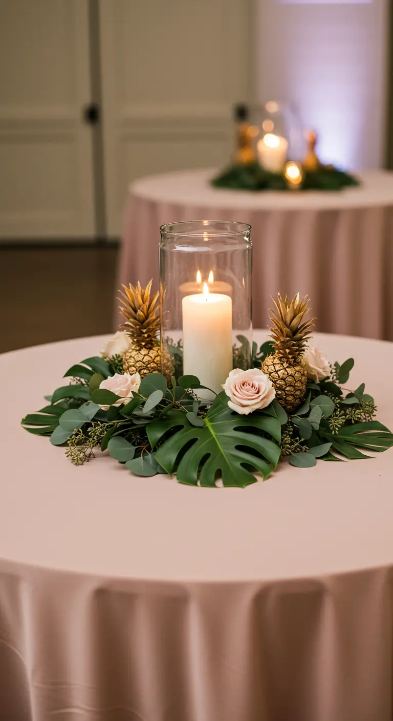 Centre de table rond avec une bougie, des feuilles de monstera et des ananas dorés.