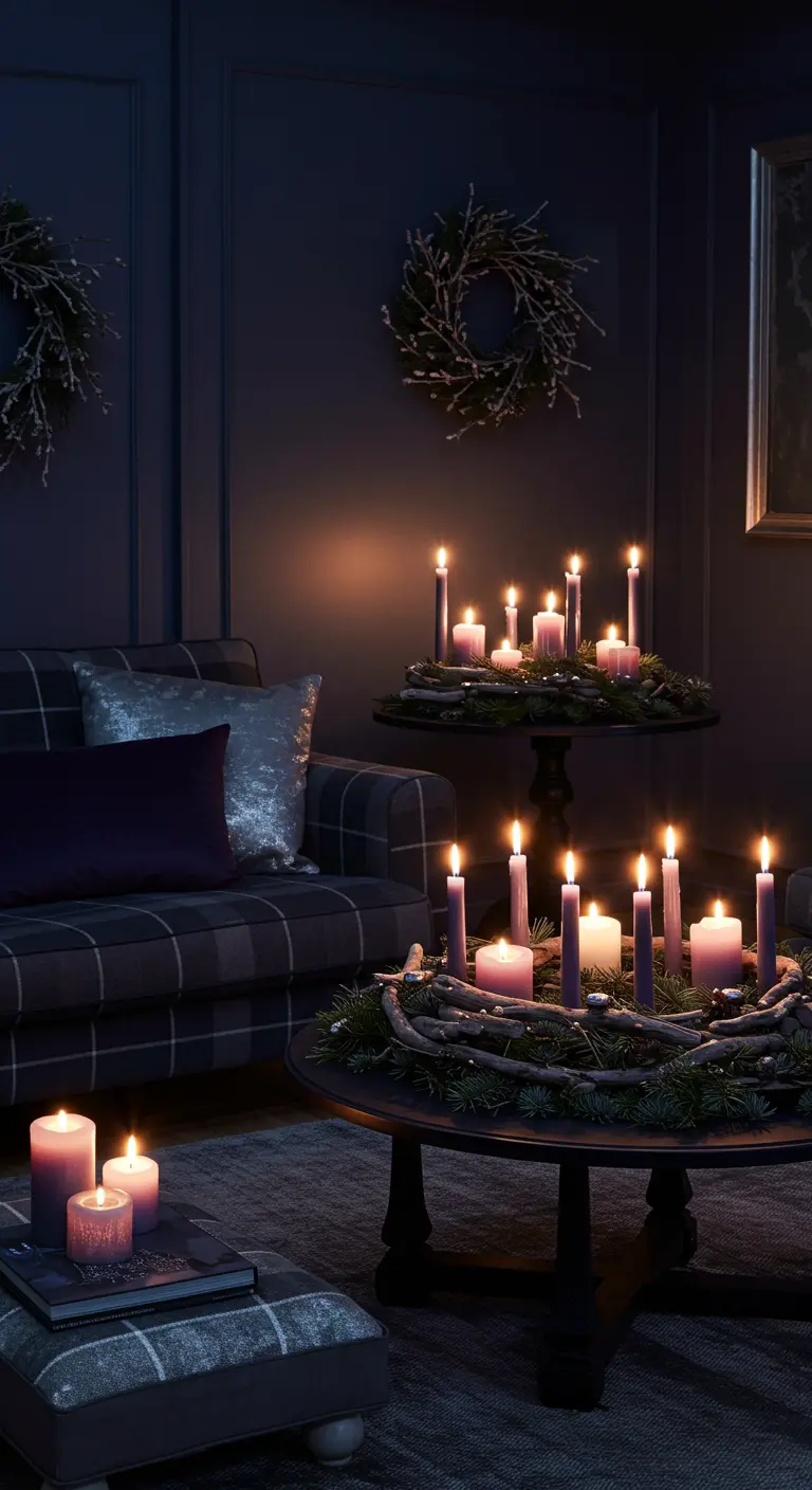 Salon sombre avec des bougies violettes disposées en couronnes de l'Avent.