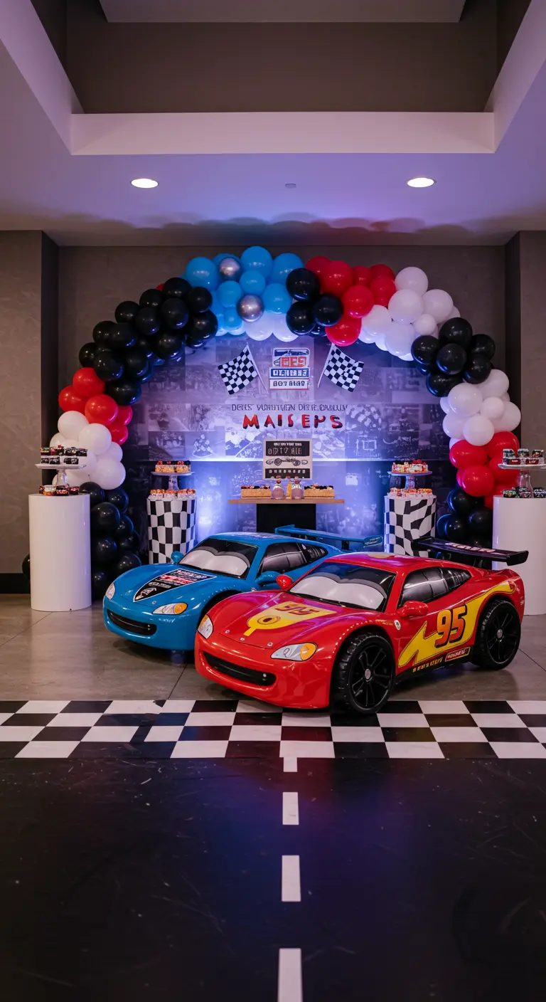 Deux voitures de course en ballons devant une arche aux couleurs de la course automobile.