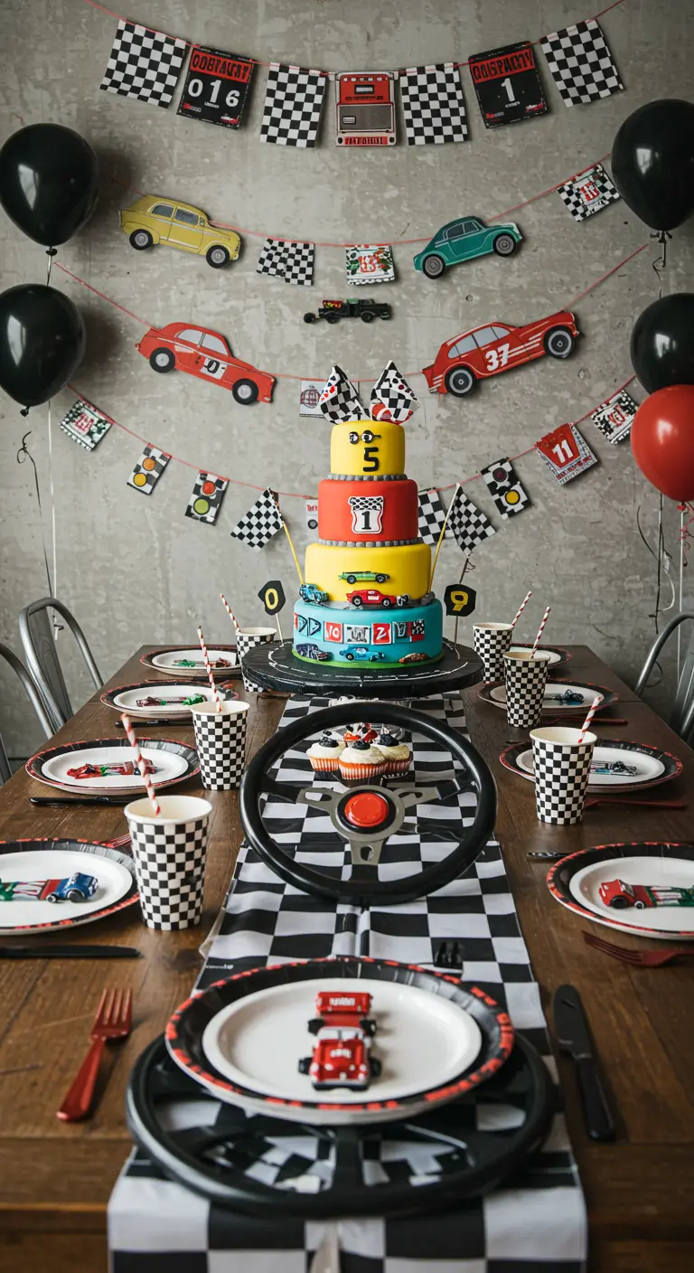 Table de course automobile avec chemin de table à damier, gâteau coloré et volant.